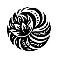 A stylized black and white circular , with a central lotus flowerlike motif surrounded by stylized leaf and petal elements, all on a clean white background. vector