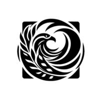 A minimalist black and white stylized eagle emblem, encircled by a swirling and laurellike foliage, within a square frame, exuding strength. vector