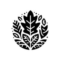 Stylized Black and White Leaf Composition in a Circular Arrangement, Featuring Detailed Veins, Decorative Dots, and a Clean, Minimalist . vector