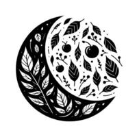 Yin Yang Crescent Filled with Botanical Elements Leaves, Berries, and Branches, Depicting Harmony and Balance in Black and White. vector