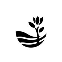 A minimalist black and white depicting a stylized plant with a flower emerging from layered landscape within a curved frame. vector