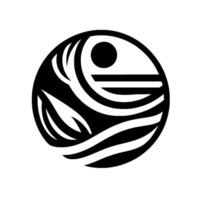 Abstract Black and White Round Featuring a Sun, Water, and Leaflike Elements, Minimalist . vector