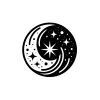 Monochromatic Celestial Symbol A Circular Composition of Moon, Stars, and a Central EightPointed Star, Representing Night. vector