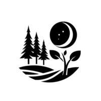 Minimalist monochrome illustration of a moonlit night in a forest, showcasing fir trees, a growing plant, and a crescent moon with stars. vector