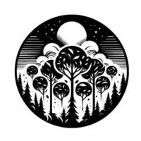 A stylized black and white forest scene in a circular frame, featuring trees, moon, stars and clouds, evoking a sense of serenity. vector