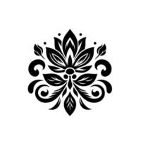 Symmetrical Floral Damask Pattern in Black and White, Featuring Detailed Leaf Motifs and Swirls on an Isolated Background. vector