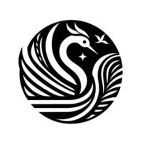 Striking black and white minimalist depicting a swan within a circle, incorporating birds, stars, and abstract feather elements, evoking elegance and serenity. vector