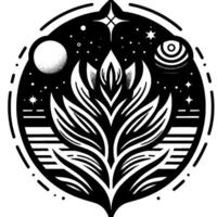 Celestial Bloom A symmetrical, black and white illustration depicting a stylized flower reaching towards a starlit cosmos with planets and constellations. vector