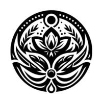 Intricate black and white circular floral , with symmetrical leaves and stylized flower at the center, surrounded by dots and orbs. vector