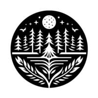 Black and white circular featuring stylized forest, trees, moon, stars, flying birds, and foliage in a minimalist style. vector