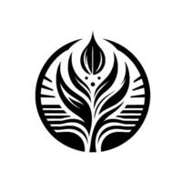 A symmetrical black and white of a stylized botanical , featuring leaves, a central bud, and a circular outline with decorative elements. vector