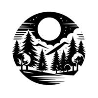 A serene, monochrome forest scene in a circular featuring a moonlit sky, silhouetted trees, and a mountainous backdrop. vector