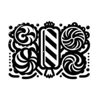 black and white candy arrangement, featuring a central striped lollipop, surrounded by swirling lollipops and decorative elements, set against a clean white backdrop. vector