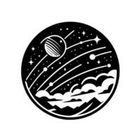 A stylized, black and white illustration within a circular frame, depicting a planet with rings amidst shooting stars, clouds, and mountains. vector