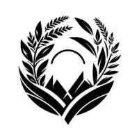 Black and white circular with stylized plants, mountains, and a semicircle, conveying natures essence. vector