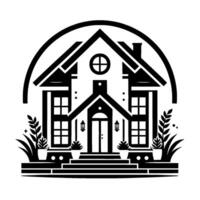 Minimalist black and white illustration of a classic house, surrounded by stylized flora within an arch, exuding a sense of tranquility and home. vector