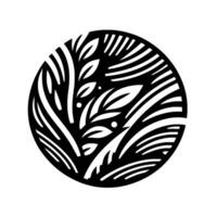 A circular botanical in bold monochrome, featuring stylized leaves and linear elements, creating a striking contrast against a clean white backdrop. vector