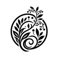 Intricate Black and White Botanical with Spiraling Leaves and Berries within a Circular Frame, Evoking a Sense of Harmony and Natural Beauty. vector
