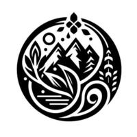 Circular Black and White Mountain, Foliage, and Nature Illustration with Geometric and Symbolic Elements. vector