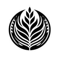 A stylized, symmetrical black and white , resembling a leaflike motif enclosed within a partial circular border, showcasing an abstract, decorative floral or botanical pattern. vector