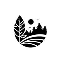 Stylized Black and White Nature Scene Inside Leaf Shape, Featuring Mountains, Sun, Trees, and Birds, Representing Nature and Ecology. vector