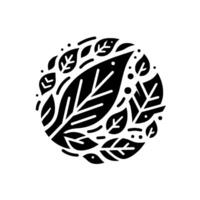 A stylized, black and white composition featuring an organic arrangement of leaves, forming a circular pattern against a clean, white background. vector