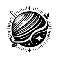 Black and White Cosmic Celestial Art A stylized planet with swirling , stars, leaves, and dotted outer circle. vector