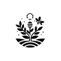 Black and White Stylized Honeybee and Beehive , Featuring Floral and Sun Elements on a White Background vector