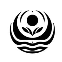 Abstract Black and White Circular Featuring a Central Sun, Leaves, and WaveLike Patterns, Evoking Harmony. vector