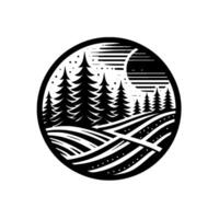 Black and white circular minimalist landscape depicting silhouetted pine trees and rolling hills under a starry sky with a stylized moon. vector