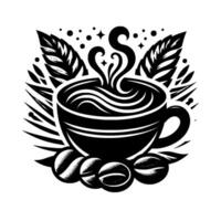 A monochrome artistic illustration of a steaming coffee cup, adorned with coffee beans and botanical elements, suggesting warmth and a classic cafe ambiance. vector
