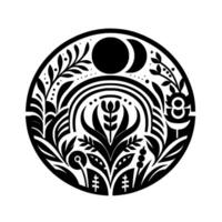 Circular Monochrome Botanical Mandala Celestial Floral Composition with Moon Phases and Stylized Foliage. vector