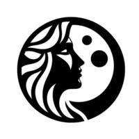 A black and white emblem featuring a stylized profile of a womans face merged with the moon phases within a circular border. vector
