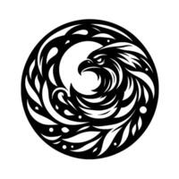 A stylized, monochromatic depiction of an eagle within a circular emblem, featuring intricate feather patterns and a fierce gaze. vector