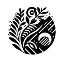 Abstract Black and White Composition A Harmonious Blend of Botanical Forms, Geometric Shapes, and Dotted Accents within a Circular Frame, Creating a Modern, Stylized . vector