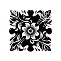 Intricate black and white floral mandala featuring stylized flower, leaves, and ornate symmetrical elements, within a square border. vector