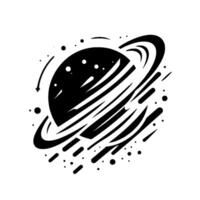 Abstract Black and White Illustration of a Saturnlike Planet with Rings, Asteroids, and Motion Lines, Set Against a White Background. vector