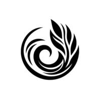 Intricate black and white stylized featuring a swirling vortex shape integrating a leaflike motif, centered against a plain white background. vector