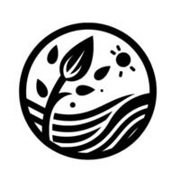 Monochromatic nature emblem Plant sprouting from stylized earth under radiant sun and falling water droplets within a circular border. vector