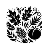 Stylized Monochrome Illustration Autumnal Arrangement of Leaves, Pinecone, Fruit Sprigs, on a White Background, Decorative and Festive. vector