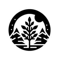 Minimalist Nature Illustration A Black and White Emblem Depicting Mountains, a Tree, and a Moon Within a Circular Frame. vector