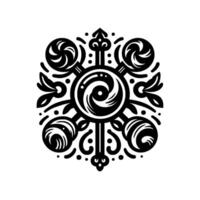 Symmetrical Black and White Ornamental A swirling vortex center, connected to stylized floral and scroll elements, radiating outwards on a white background. vector