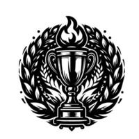 Intricate black and white illustration of a trophy engulfed in flames, framed by a laurel wreath and surrounding dots on a bright white background. vector