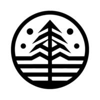 A minimalist black and white , centered within a circle, showcasing a stylized evergreen tree above horizontal lines and dotted celestial accents. vector