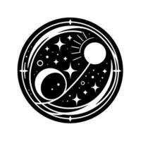 A stylized celestial emblem depicting the sun, moon, and stars within concentric circles, rendered in bold black and white. vector