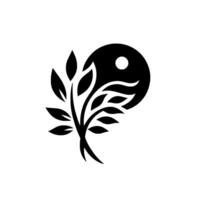 A minimalist Yin and Yang featuring a black tree with leaves gracefully intertwined with a dark circular shape containing a white dot, all set against a clean white background. vector