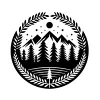 A black and white nature emblem, showcasing a mountain range and forest within a circular leafy border, suggesting wilderness and tranquility. vector
