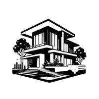 Modern, minimalist twostory house illustration in grayscale with large windows, trees, and geometric landscaping, evoking a sense of contemporary architectural . vector