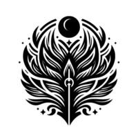 Intricate Black and White Floral Emblem with Crescent Moon and Celestial Starbursts, Symmetrical . vector