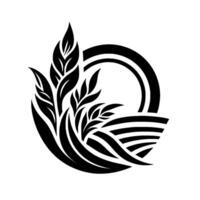 Stylized monochromatic illustration depicting a circle with wheat, leaves, and horizontal lines to symbolize a field or the sun. vector